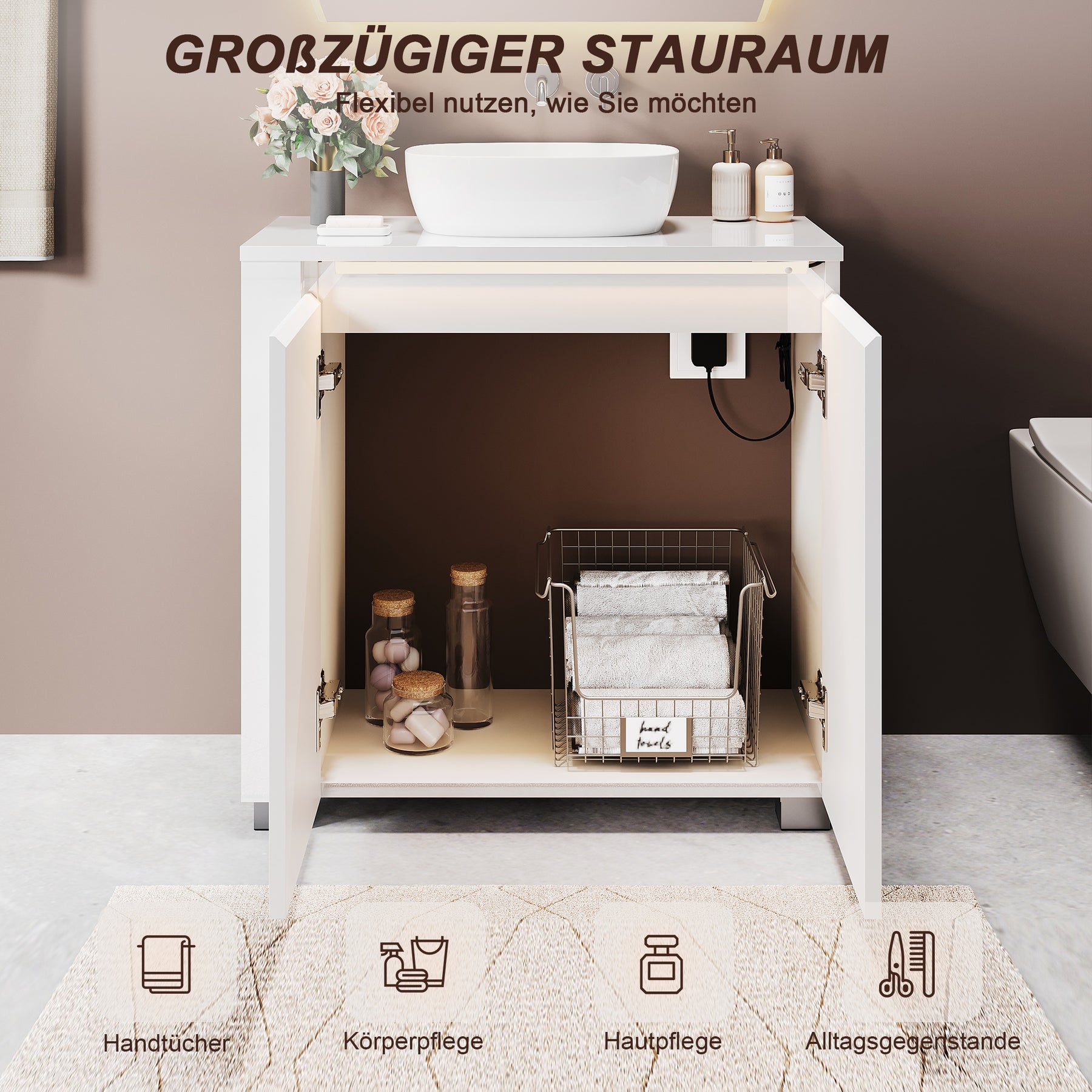 SONNI Freistehender Waschtisch mit LED-Sensorbeleuchtung, Aufsatzwaschbecken mit Doppeltüren und verstellbaren Ablagen, Badschrank 60 x 60 x 30 cm Weiß