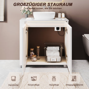 SONNI Freistehender Waschtisch mit LED-Sensorbeleuchtung, Aufsatzwaschbecken mit Doppeltüren und verstellbaren Ablagen, Badschrank 60 x 60 x 30 cm Weiß