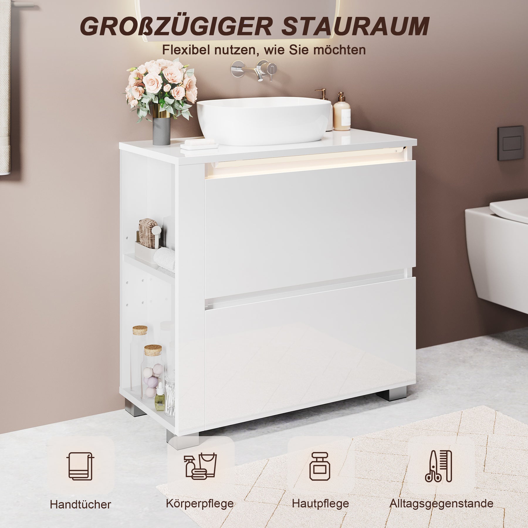 SONNI Freistehender Waschtisch mit LED-Sensorbeleuchtung, Aufsatzwaschbecken mit Doppeltüren und verstellbaren Ablagen, Badschrank 60 x 60 x 30 cm Weiß