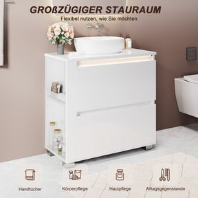 SONNI Freistehender Waschtisch mit LED-Sensorbeleuchtung, Aufsatzwaschbecken mit Doppeltüren und verstellbaren Ablagen, Badschrank 60 x 60 x 30 cm Weiß