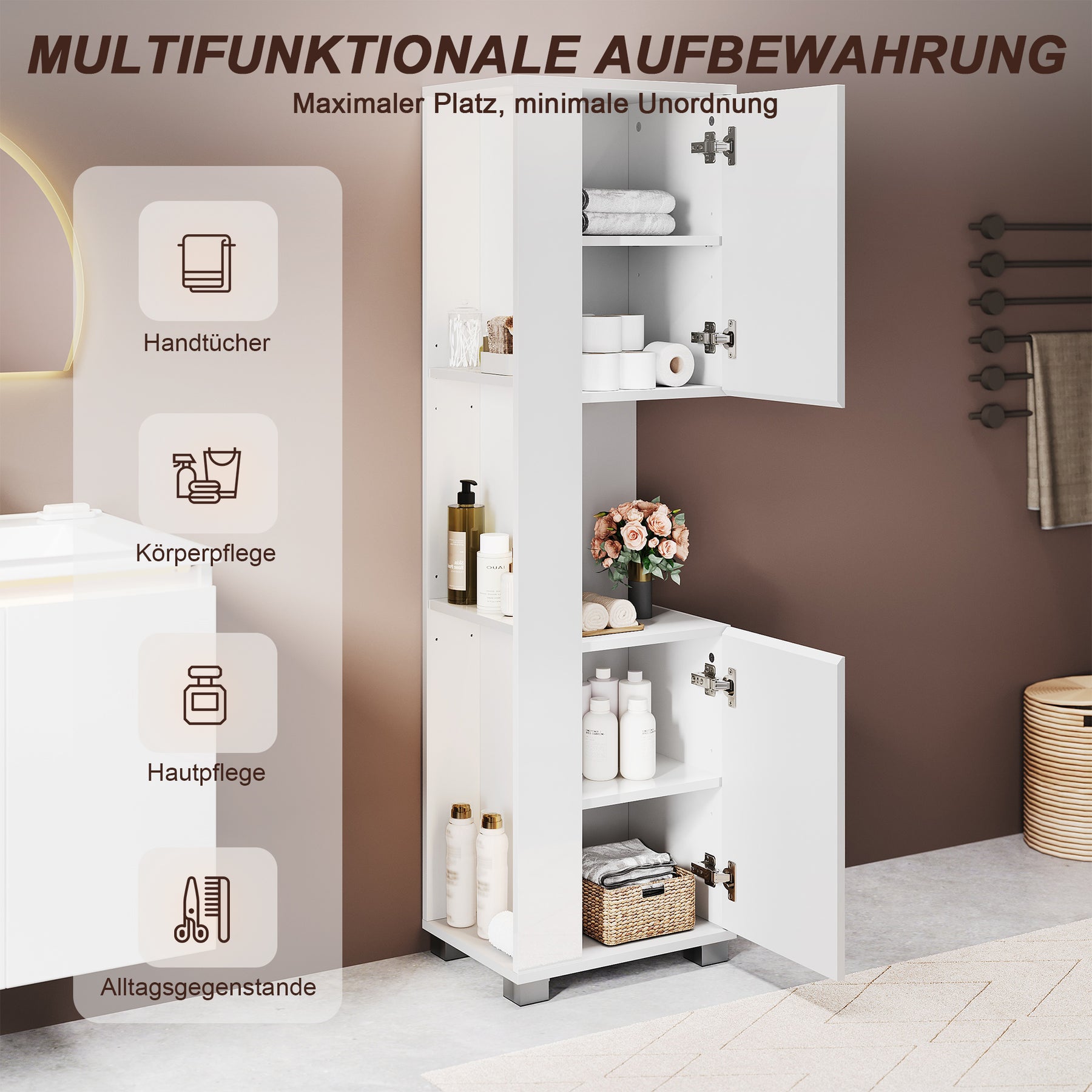 SONNI Badezimmerschrank mit Touch-LED-Beleuchtung, weißer Unterschrank mit 2 rechts öffnenden Türen und verstellbaren Einlegeböden, Geschlossen & Offenes Fach