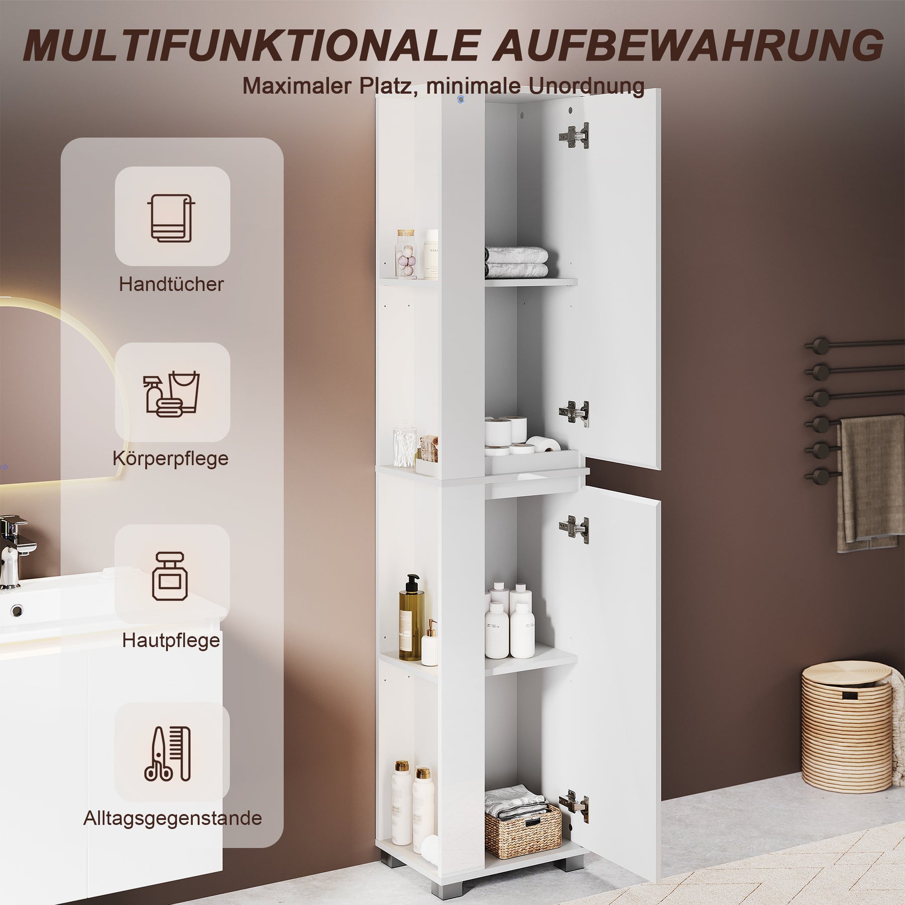 SONNI Badezimmerschrank mit Touch-LED-Beleuchtung, weißer Unterschrank mit 2 rechts öffnenden Türen und verstellbaren Einlegeböden, Geschlossen & Offenes Fach