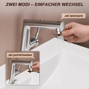 SONNI Waschtischarmatur verchromt, 3 Wasserauslassmodi Dualer Wasserfluss automatische Rückziehfunktion