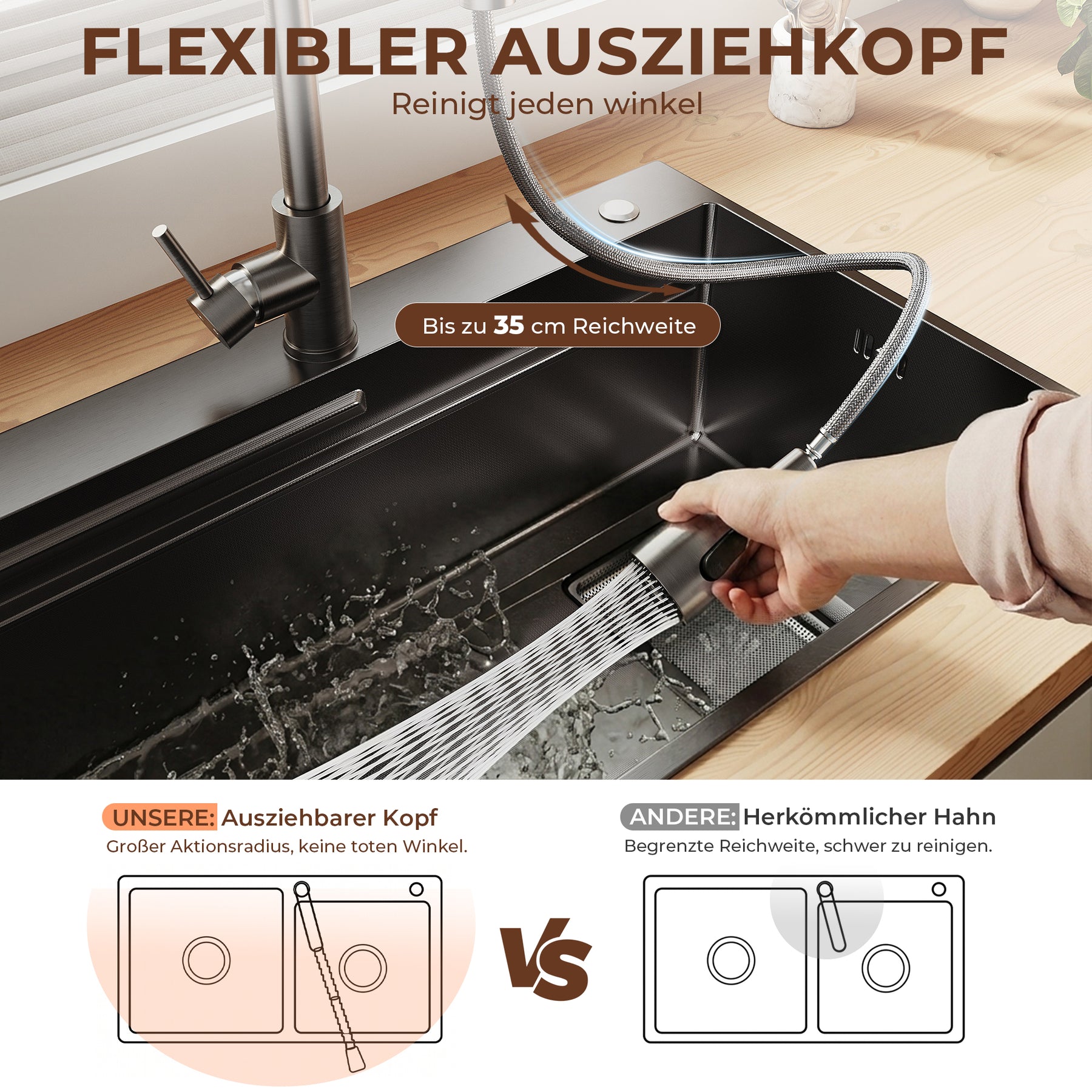 SONNI Waschtischarmatur mit Ausziehbrause, Edelstahl 3 Wasserflussmodi, automatische Rückstellfunktion G3/8 Silber