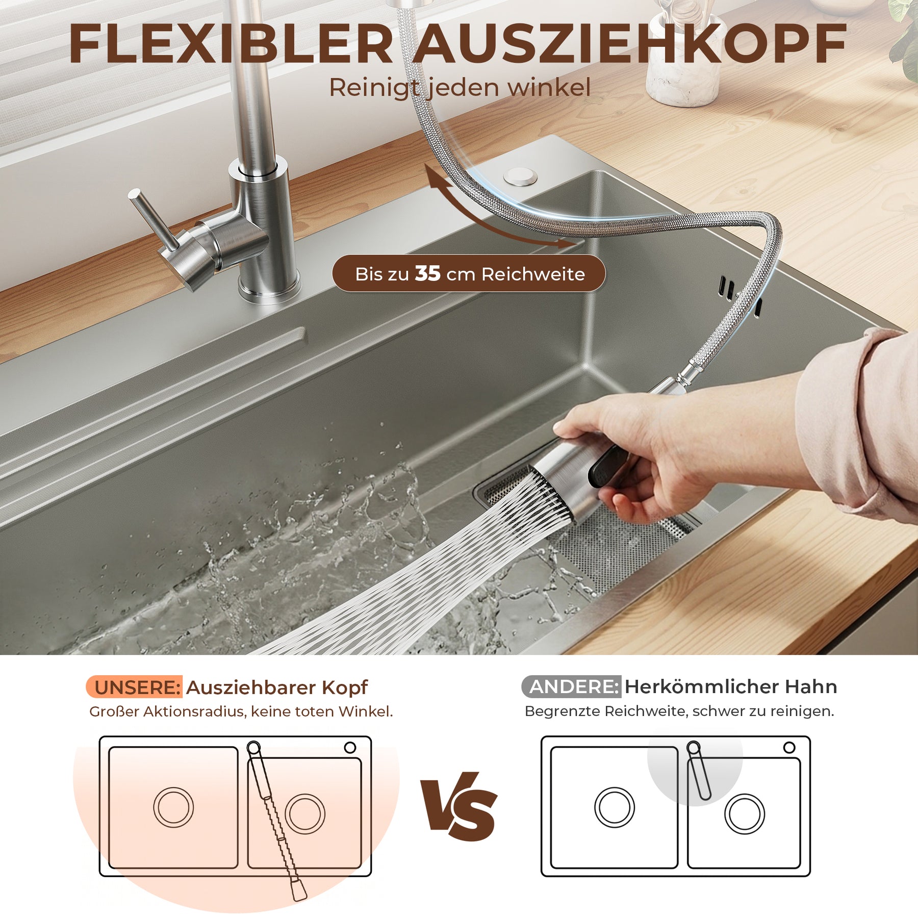 SONNI Waschtischarmatur mit Ausziehbrause, Edelstahl 3 Wasserflussmodi, automatische Rückstellfunktion G3/8 Silber