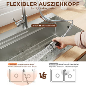 SONNI Waschtischarmatur mit Ausziehbrause, Edelstahl 3 Wasserflussmodi, automatische Rückstellfunktion G3/8 Silber