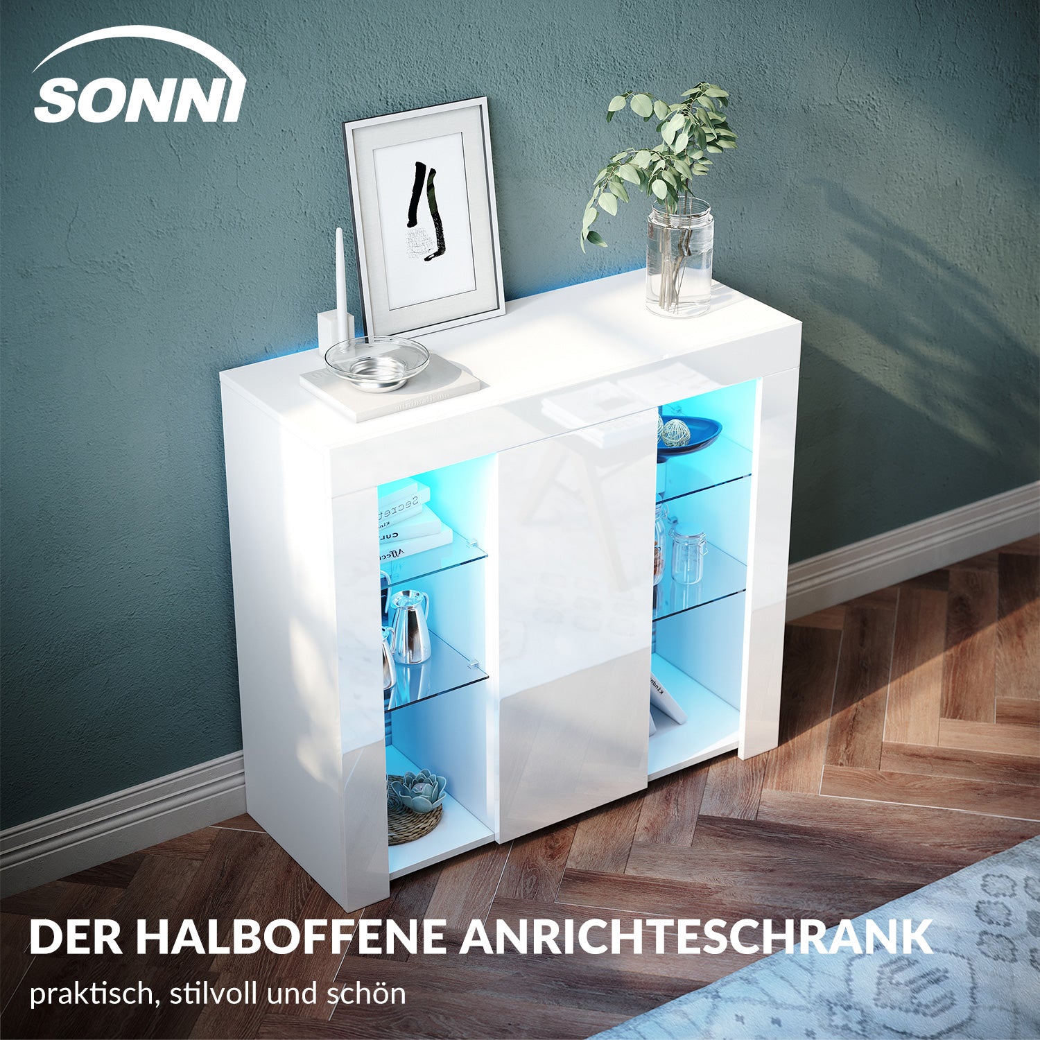 SONNI Sideboard, Küchenschrank, mit LED Beleuchtung(12 Farben können eingestellt Werden) Weiß Hochglanz Aufbewahrungsschrank, für Küche,Wohnzimmer,Esszimmer