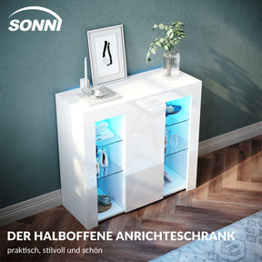 SONNI Sideboard, Küchenschrank, mit LED Beleuchtung(12 Farben können eingestellt Werden) Weiß Hochglanz Aufbewahrungsschrank, für Küche,Wohnzimmer,Esszimmer