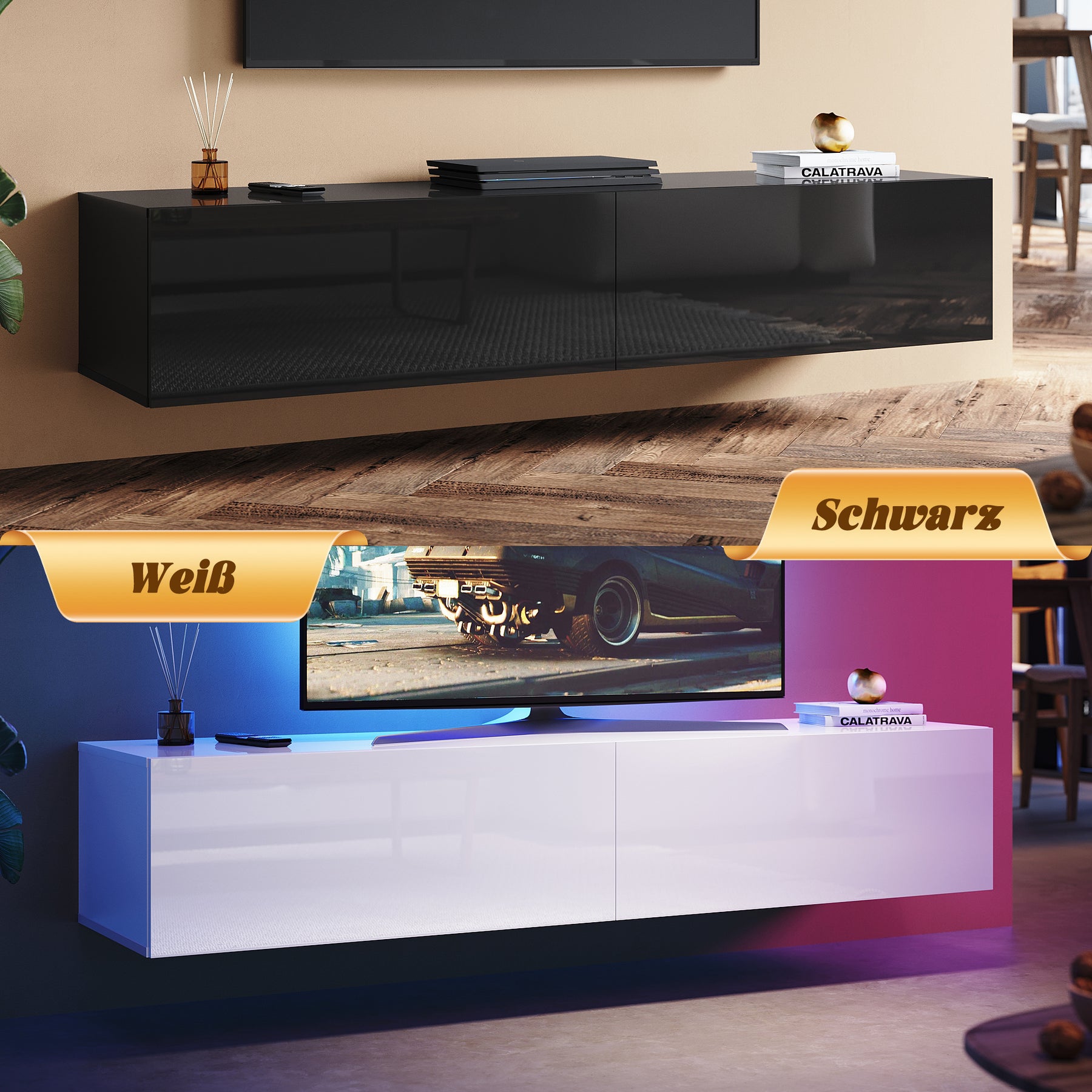SONNI TV-Schrank Modern 140cm, Lowboard Hochglanz Schwarz Hängend/Stehend, TV-Regal mit 2 Schublade, 2 Türen, Griffloses, Fernsehtisch für Fernseher bis 65 Zoll Wohnzimmer & Schlafzimmer