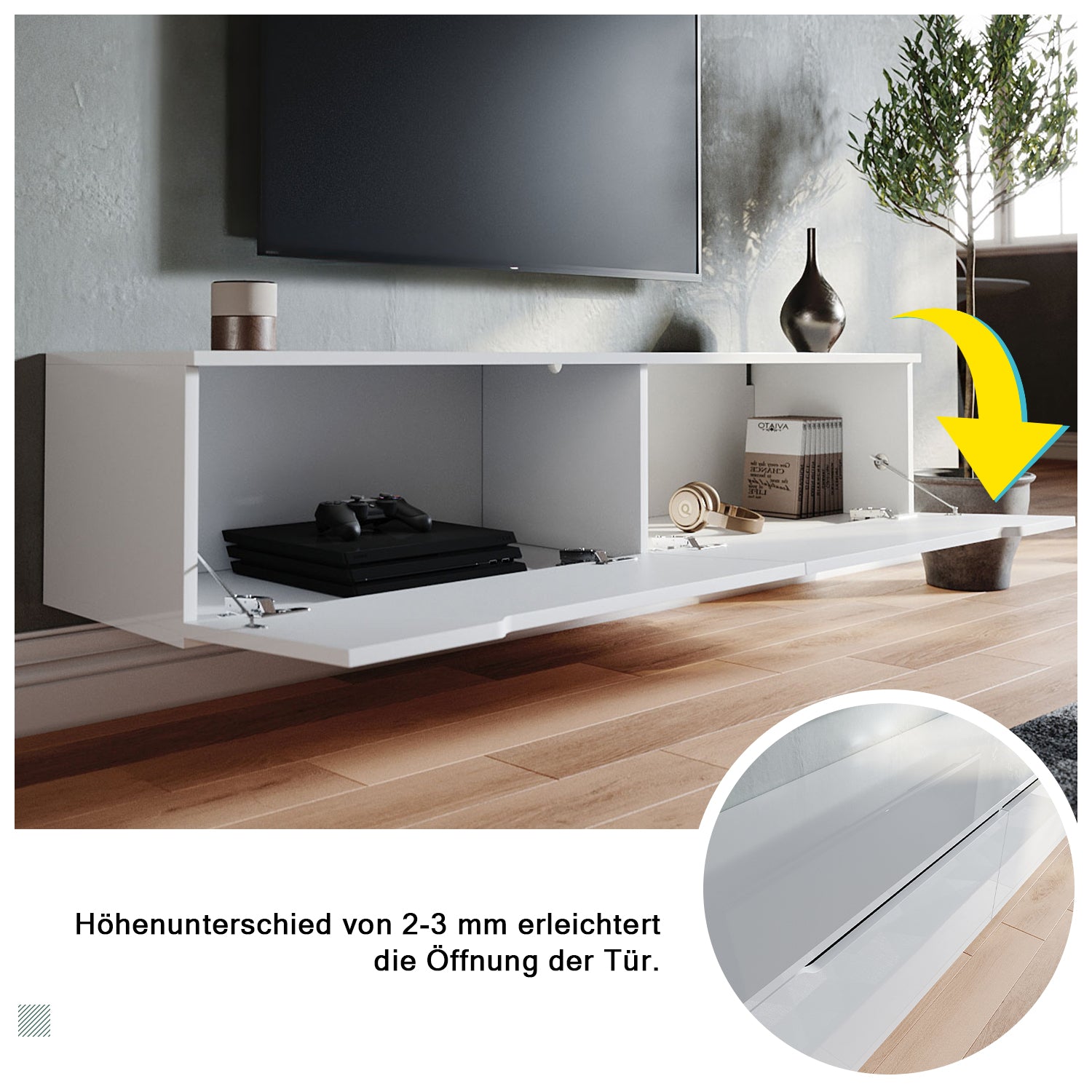 SONNI TV Board Weiss Griffloses Design TV Schrank Hochglanz mit LED Beleuchtung (12 Farben können eingestellt Werden)
