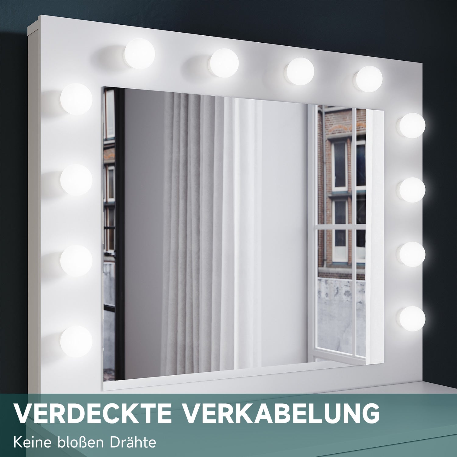SONNI Schminktisch mit Hocker Spiegel, Kosmetiktisch mit Schubladen für Schlafzimmer, Frisiertisch Schreibtisch aus MFC und Massivholz, Kinderleichte Montage, Weiß