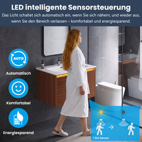 SONNI Waschtisch Badmöbel Set mit Quarz Kunststein Waschbecken, LED Sensorbeleuchtung Push Open Türen 79 x 49,5 x 45 cm
