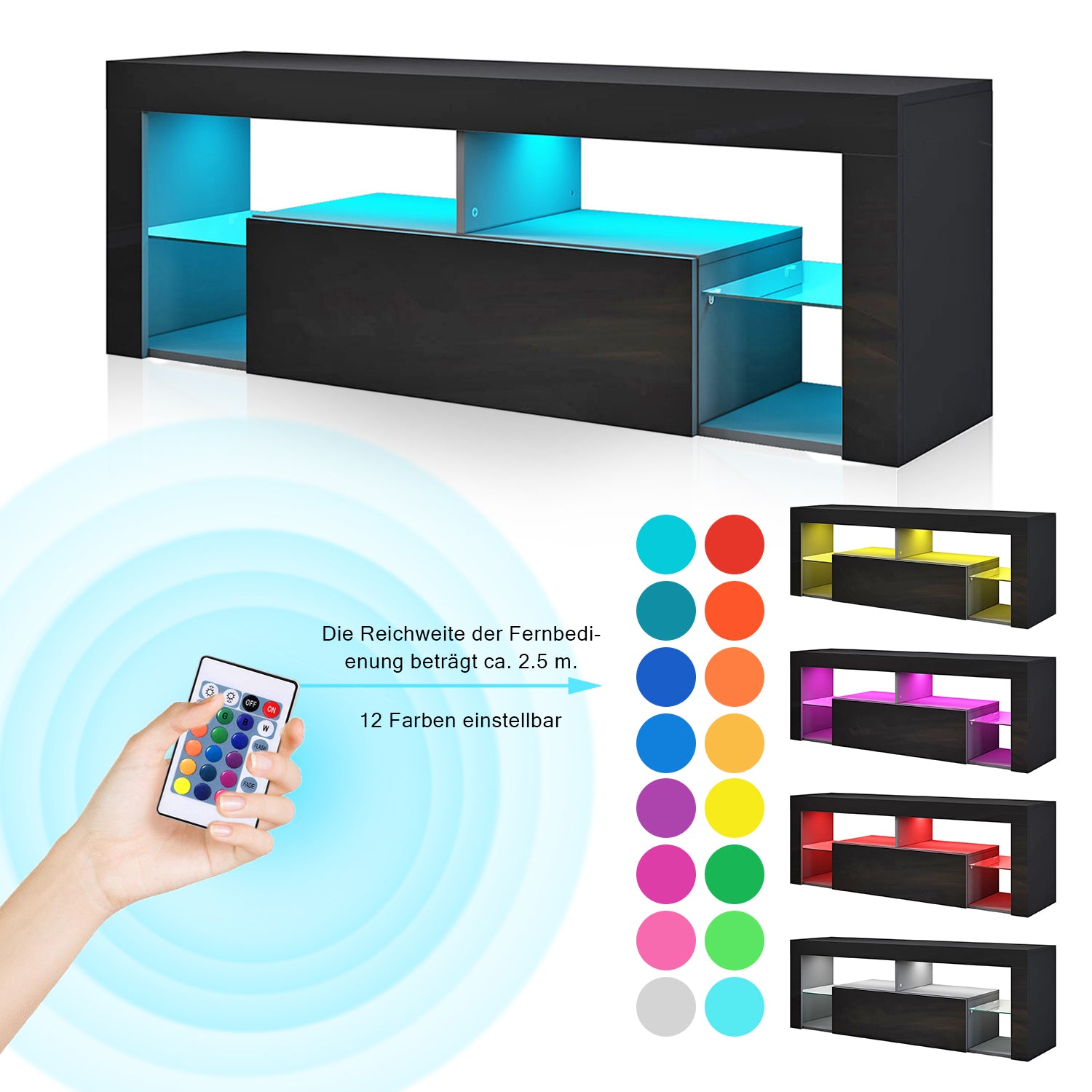 SONNI Lowboard  TV Board Hochglanz, mit LED Beleuchtung(12 Farben können eingestellt Werden), mit Klapptür, mit Glasregal, Griffloses Design - Sonni Sanitär GmbH