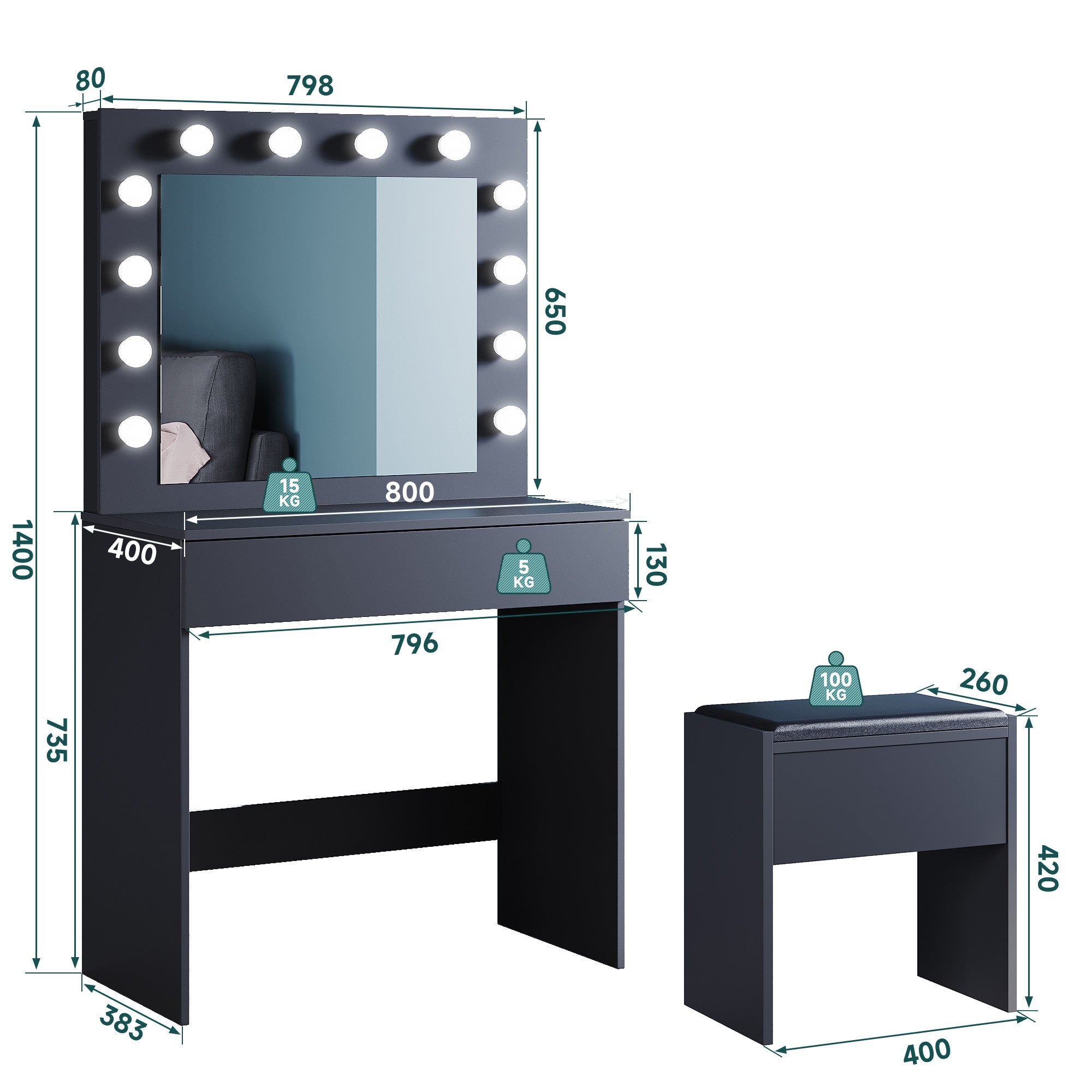 SONNI Schminktisch mit Hocker Spiegel, Kosmetiktisch mit Schubladen für Schlafzimmer, Frisiertisch Schreibtisch aus MDF und Massivholz, Kinderleichte Montage