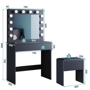 SONNI Schminktisch mit Hocker Spiegel, Kosmetiktisch mit Schubladen für Schlafzimmer, Frisiertisch Schreibtisch aus MDF und Massivholz, Kinderleichte Montage