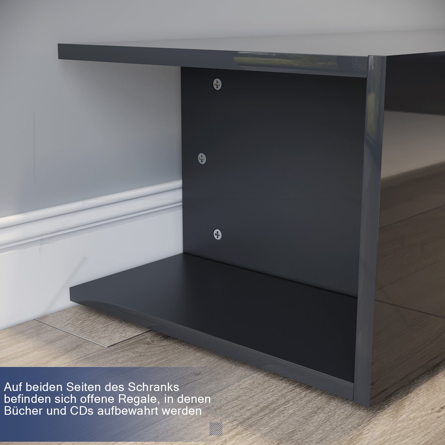 SONNI TV Board Lowboard Unterschrank Hochglanz Glasböden mit LED Beleuchtung Schwarz