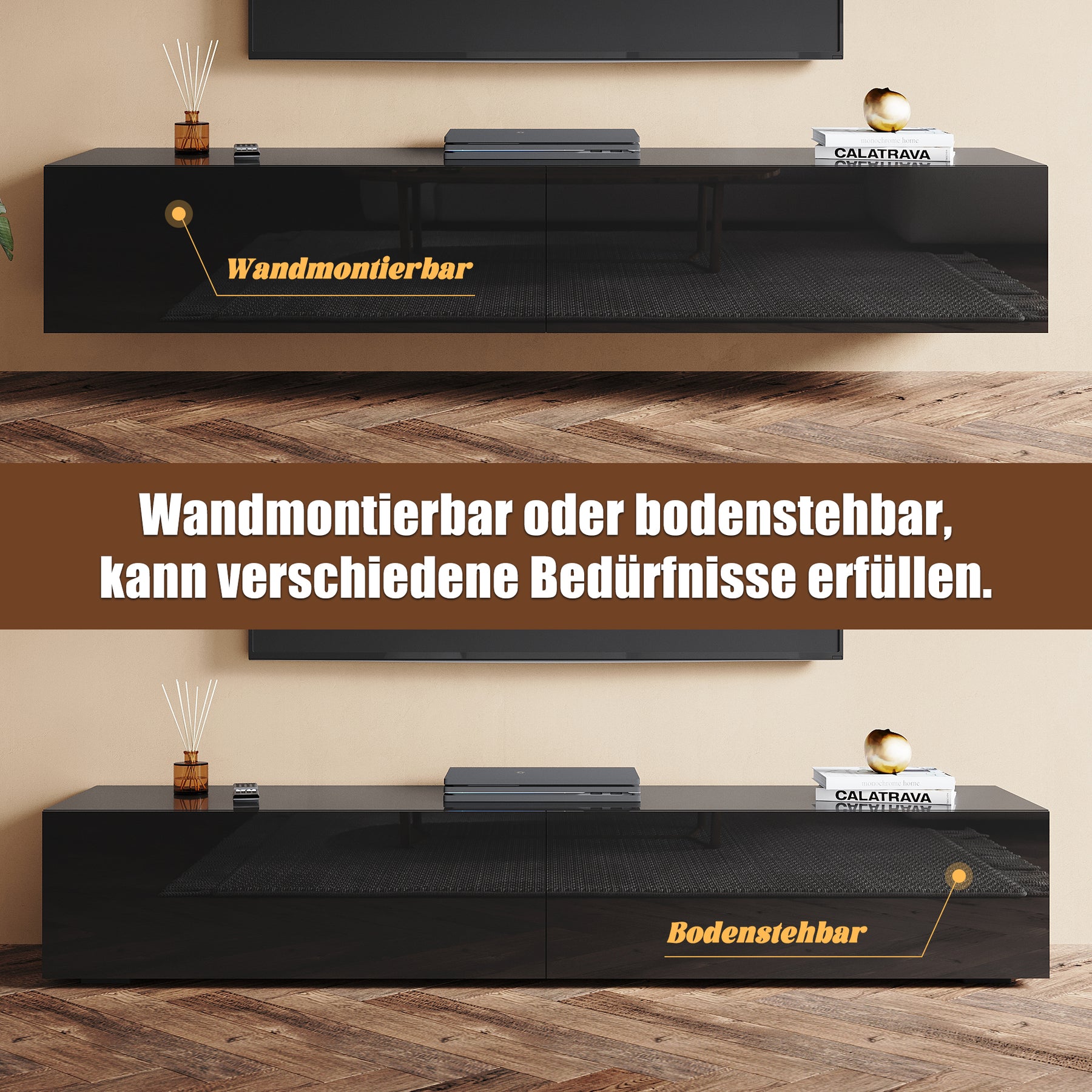 SONNI Lowboard,TV Board weiß/Schwarz hochglänzend hängend TV Schrank mit LED-Beleuchtung (12 Farben einstellbar), griffloses Design