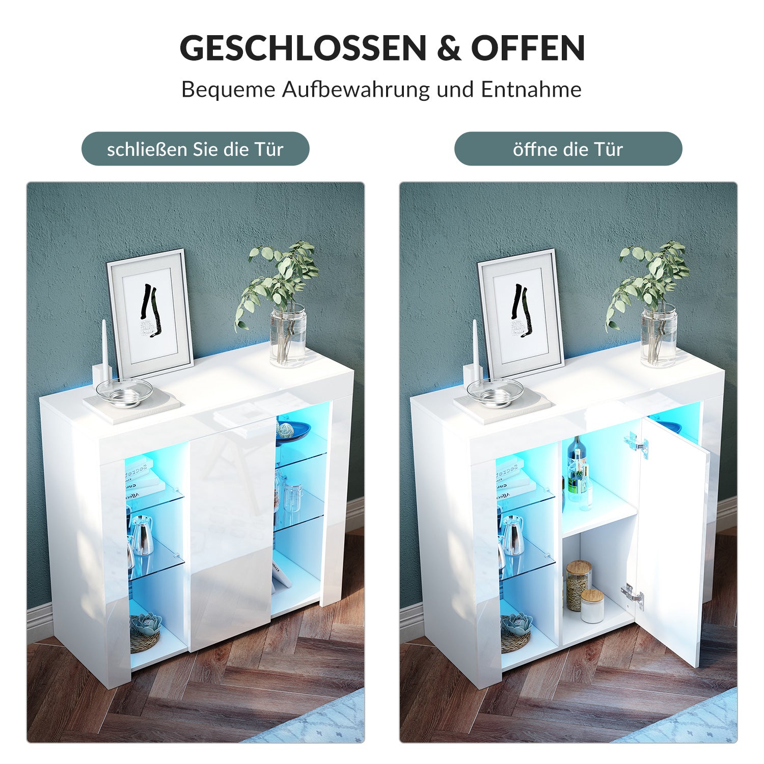 SONNI Sideboard, Küchenschrank, mit LED Beleuchtung(12 Farben können eingestellt Werden) Weiß Hochglanz Aufbewahrungsschrank, für Küche,Wohnzimmer,Esszimmer