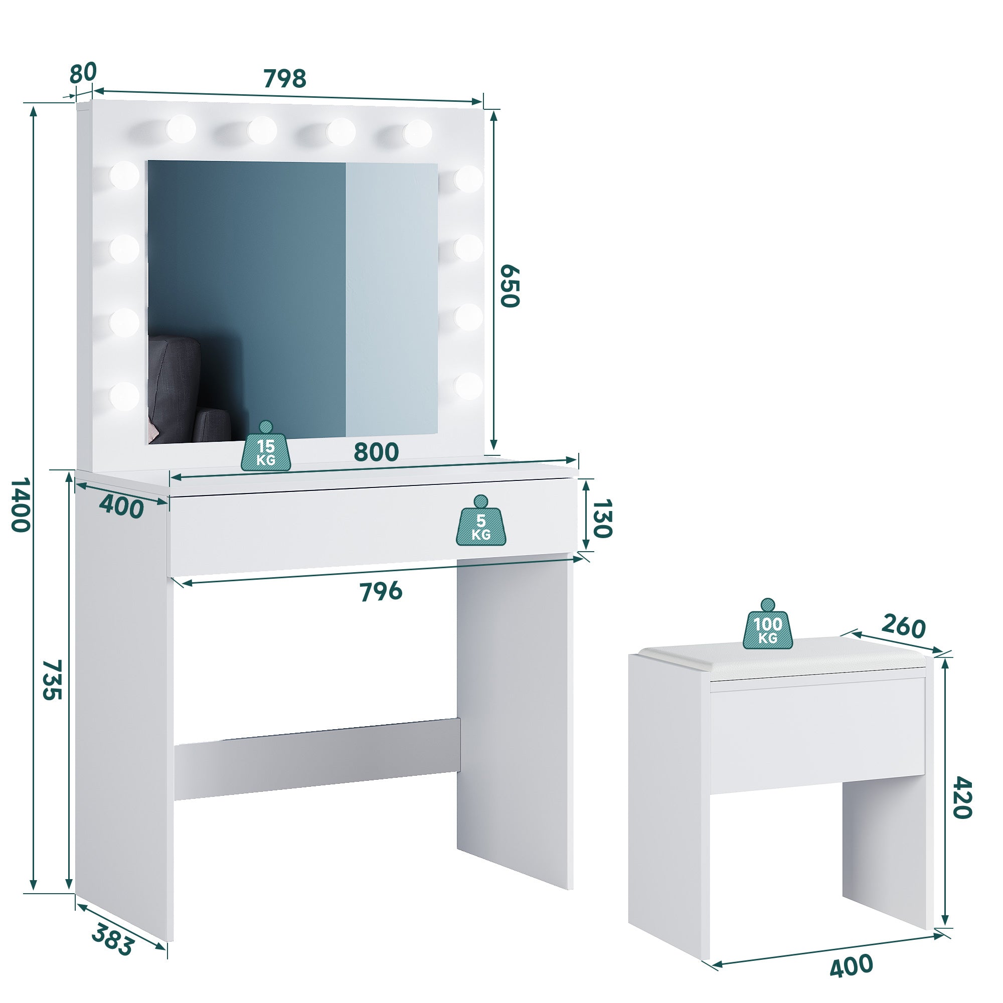 SONNI Schminktisch mit Hocker Spiegel, Kosmetiktisch mit Schubladen für Schlafzimmer, Frisiertisch Schreibtisch aus MFC und Massivholz, Kinderleichte Montage, Weiß