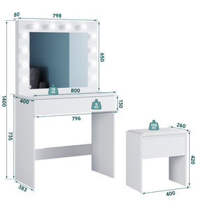 SONNI Schminktisch mit Hocker Spiegel, Kosmetiktisch mit Schubladen für Schlafzimmer, Frisiertisch Schreibtisch aus MFC und Massivholz, Kinderleichte Montage, Weiß