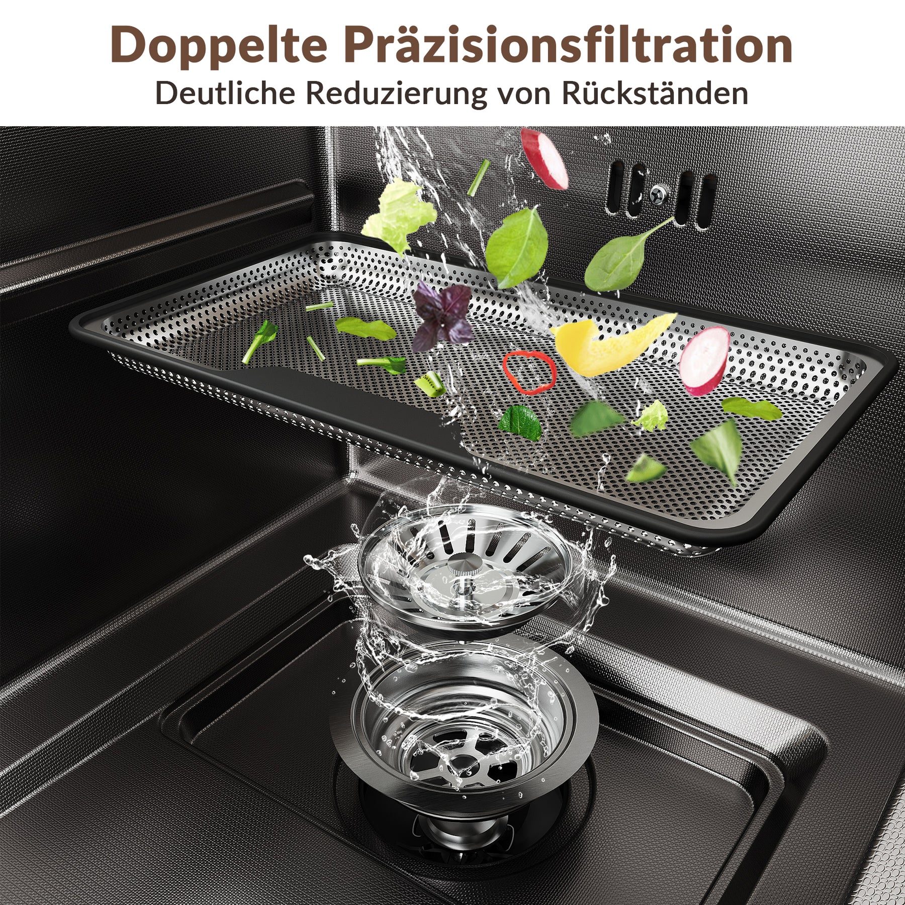 SONNI Küchenspüle Waschbecken Edelstahl 304, Nanosilber/Diamantschwarz, 70x44 cm, Einbauspüle mit 1 Becken, Unterbauspüle mit Abtropfkorb und Rechteckigem Abfallsieb - Sonni Sanitär GmbH