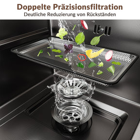 SONNI Küchenspüle Waschbecken Edelstahl 304, Nanosilber/Diamantschwarz, 70x44 cm, Einbauspüle mit 1 Becken, Unterbauspüle mit Abtropfkorb und Rechteckigem Abfallsieb - Sonni Sanitär GmbH