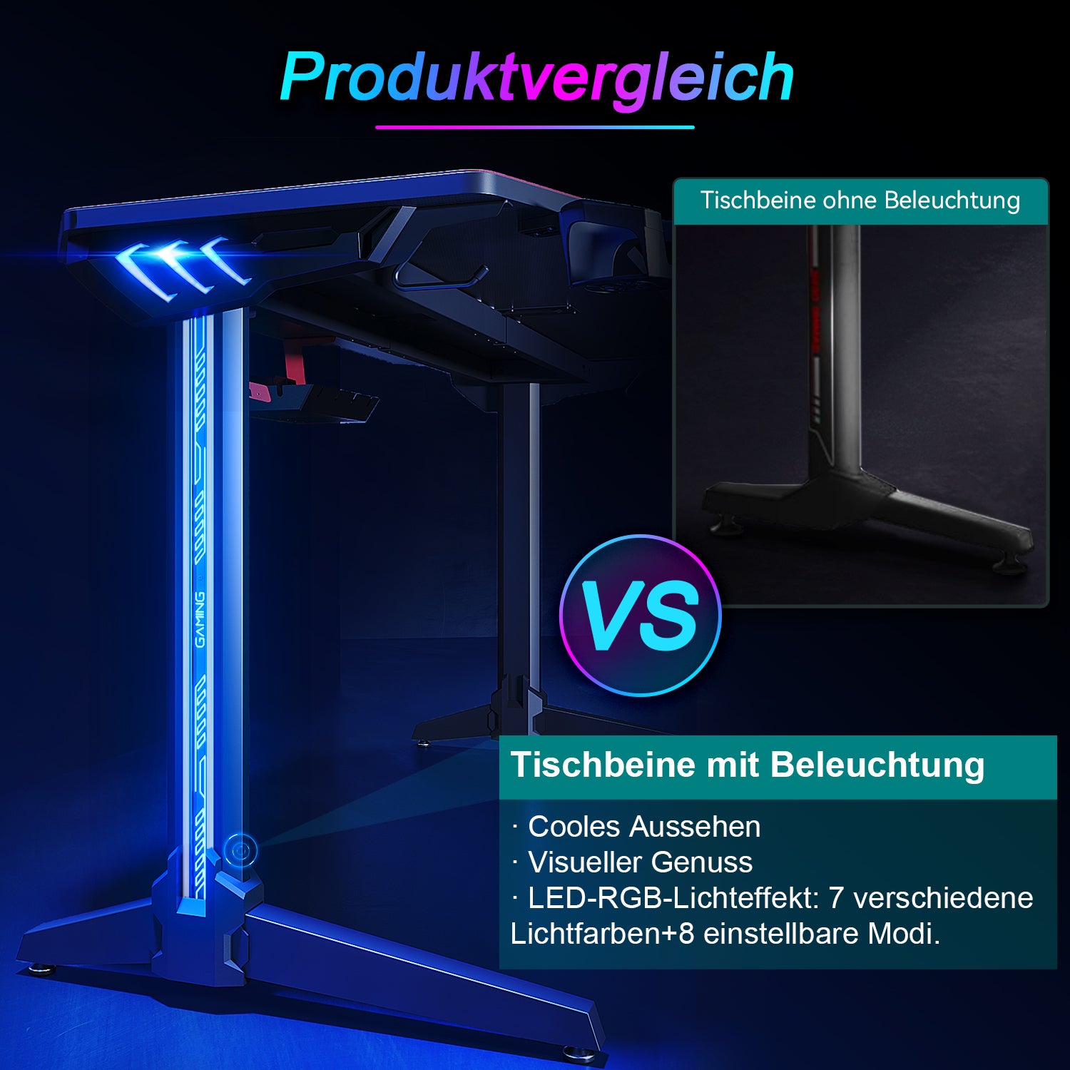 SONNI Gaming Tisch mit LED, RGB Gaming Schreibtisch mit großem Mauspad, Getränkehalter und Kopfhörerhaken, Schwarz 140cm