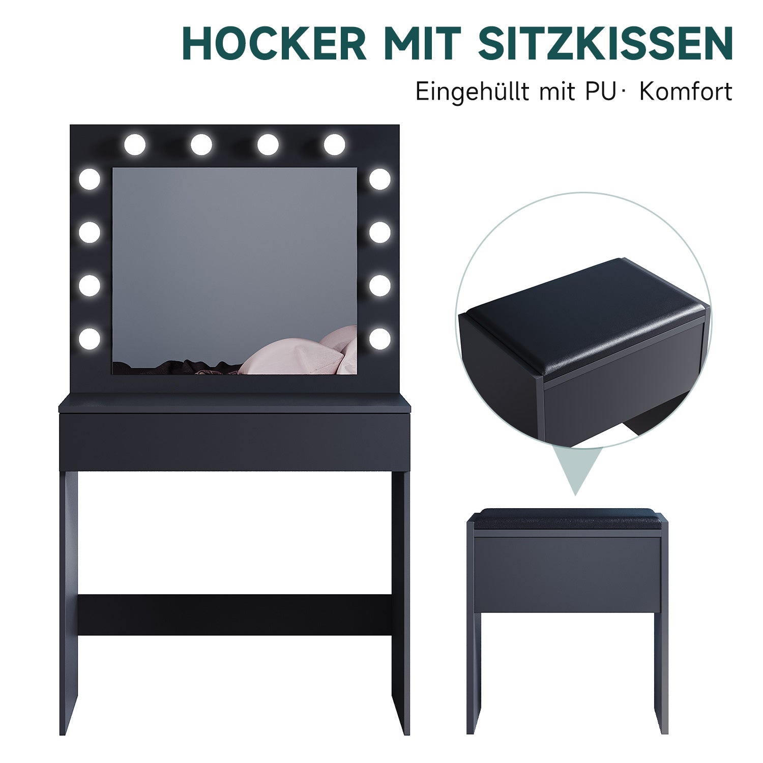SONNI Schminktisch mit Hocker Spiegel, Kosmetiktisch mit Schubladen für Schlafzimmer, Frisiertisch Schreibtisch aus MDF und Massivholz, Kinderleichte Montage