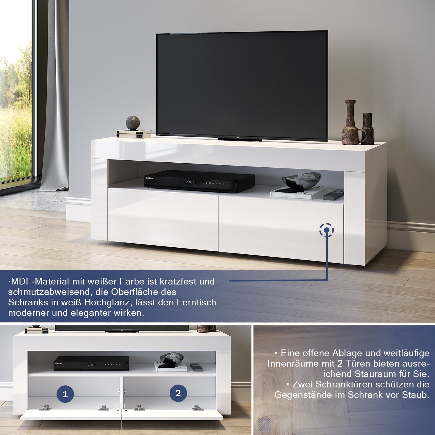 SONNI TV Board Lowboard Unterschrank Hochglanz Glasböden mit LED Beleuchtung