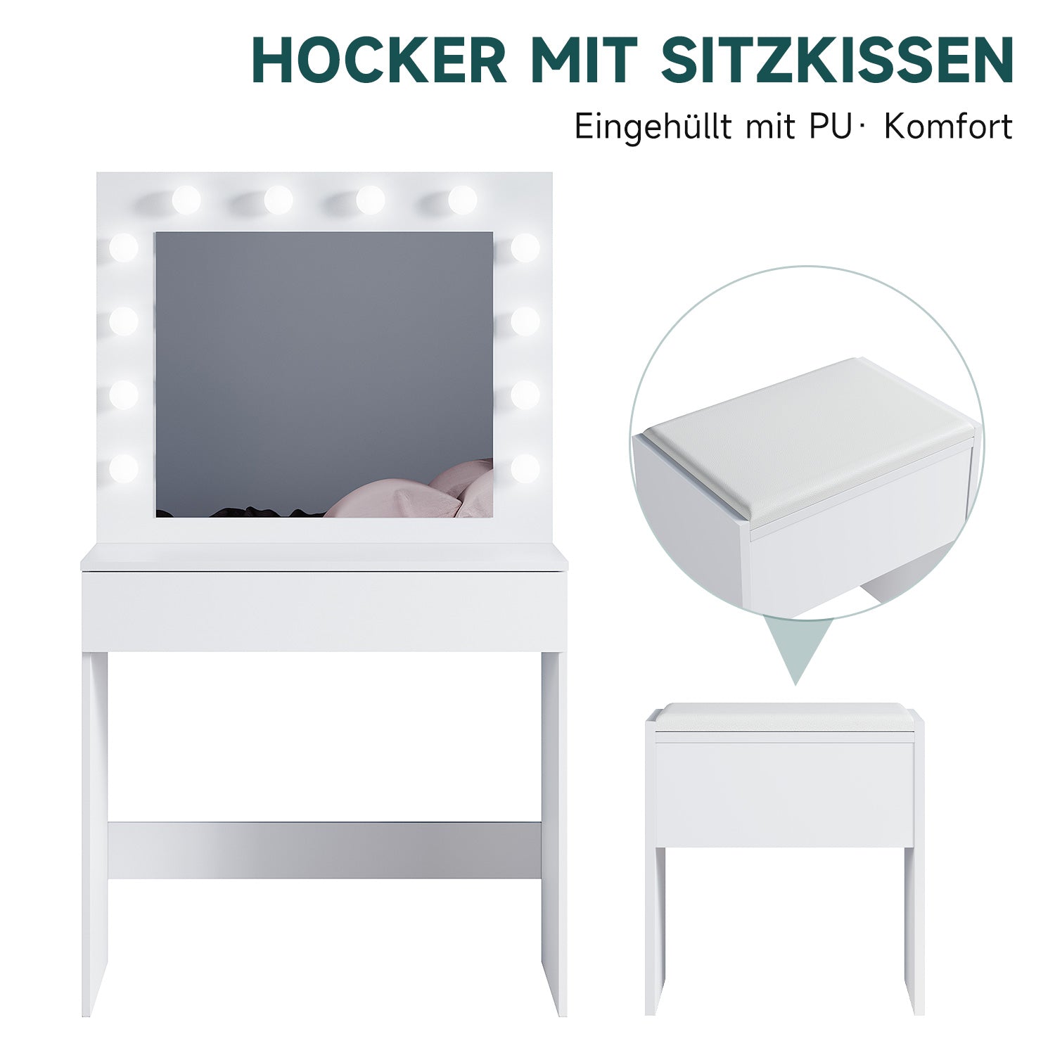 SONNI Schminktisch mit Hocker Spiegel, Kosmetiktisch mit Schubladen für Schlafzimmer, Frisiertisch Schreibtisch aus MFC und Massivholz, Kinderleichte Montage, Weiß