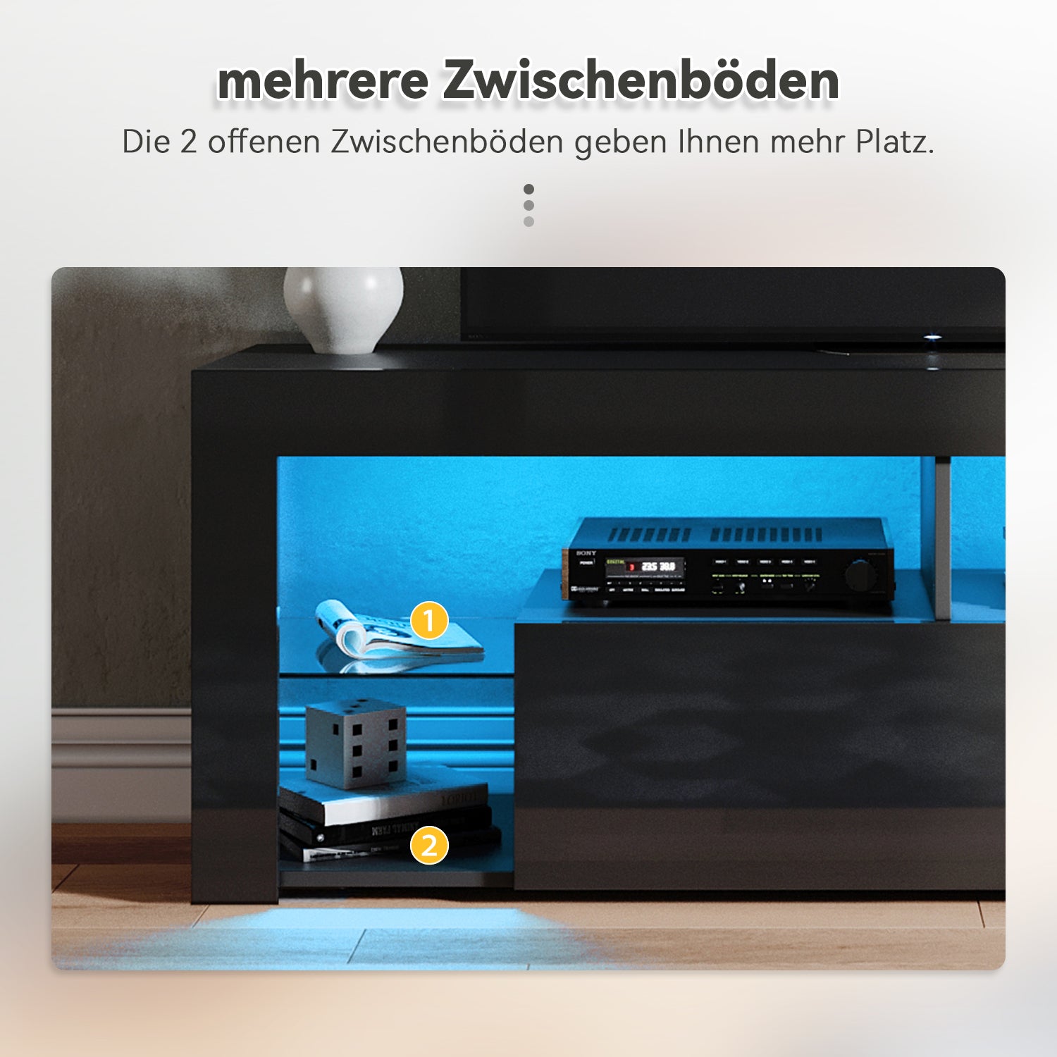 SONNI Lowboard  TV Board Hochglanz, mit LED Beleuchtung(12 Farben können eingestellt Werden), mit Klapptür, mit Glasregal, Griffloses Design - Sonni Sanitär GmbH