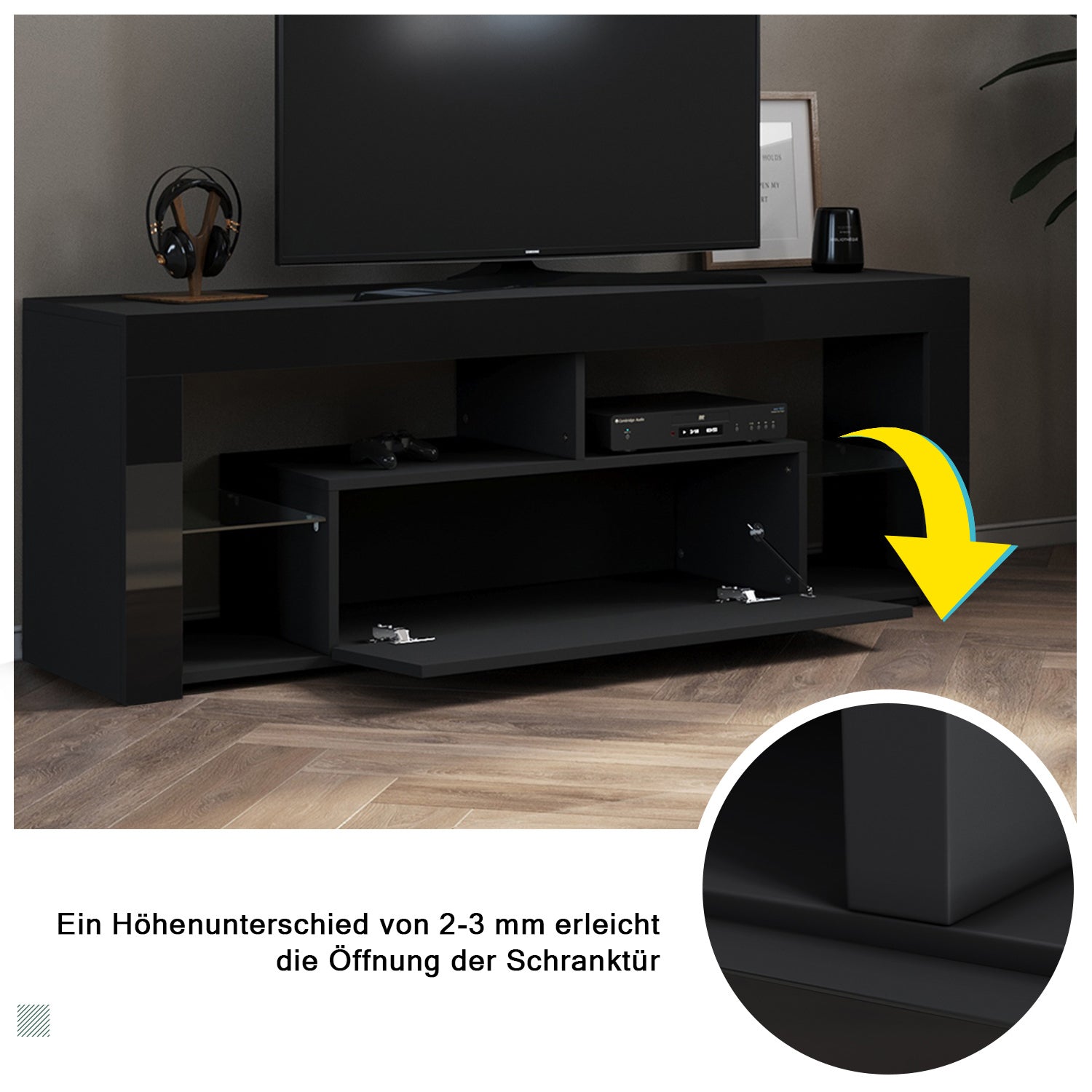 SONNI Lowboard  TV Board Hochglanz, mit LED Beleuchtung(12 Farben können eingestellt Werden), mit Klapptür, mit Glasregal, Griffloses Design - Sonni Sanitär GmbH