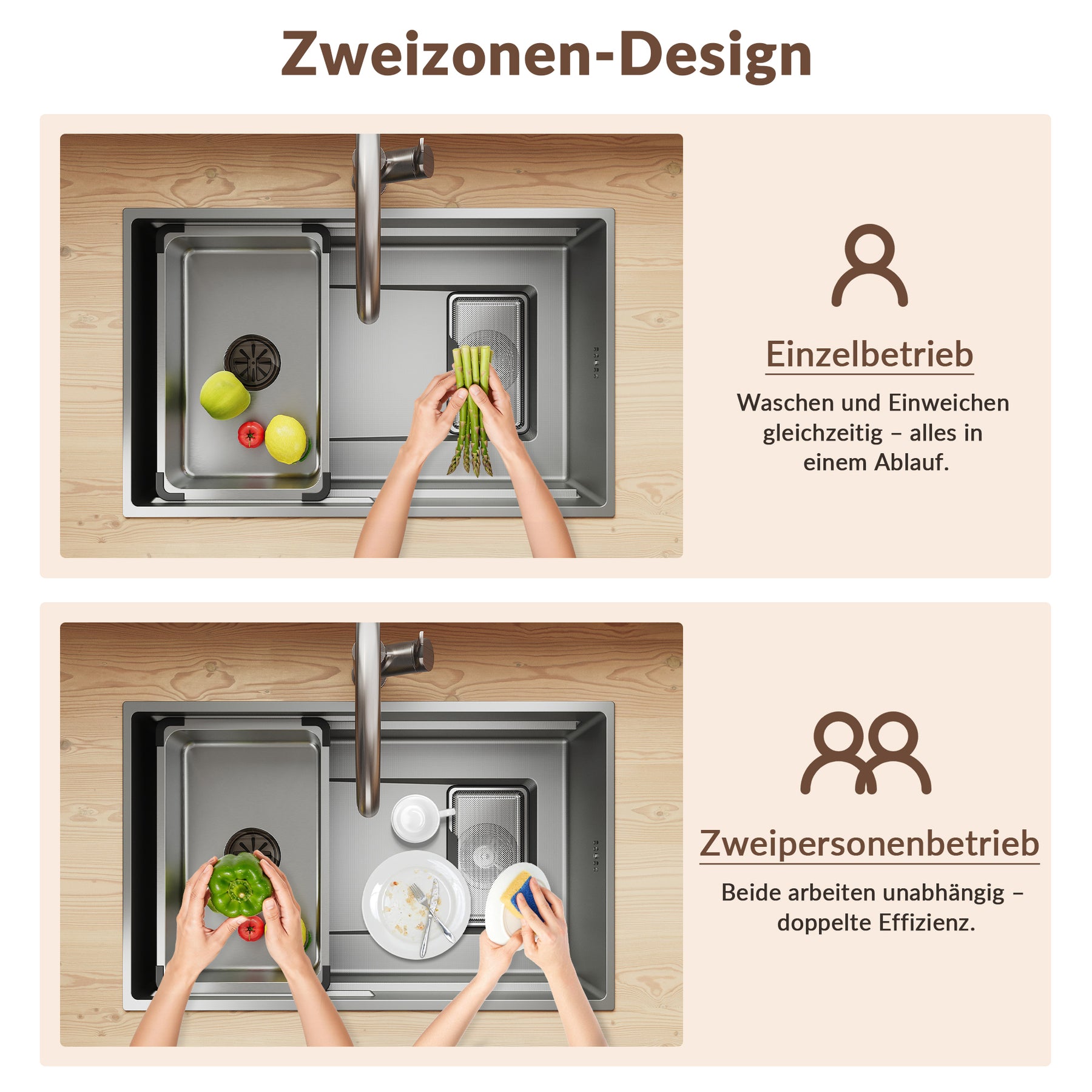 SONNI Küchenspüle Waschbecken Edelstahl 304, Nanosilber/Diamantschwarz, 70x44 cm, Einbauspüle mit 1 Becken, Unterbauspüle mit Abtropfkorb und Rechteckigem Abfallsieb - Sonni Sanitär GmbH