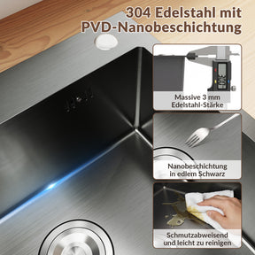 SONNI Küchenspüle Edelstahl mit Armatur Set, Spülbecken Schwarz 50 x 45 cm