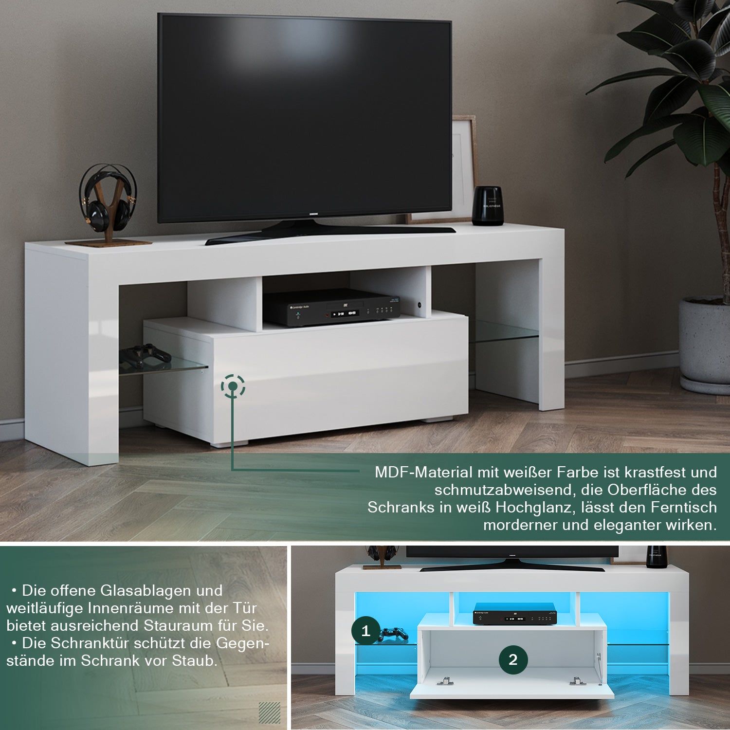 SONNI TV Schrank Weiss, TV Board Hochglanz, mit LED Beleuchtung(12 Farben können eingestellt Werden), mit Klapptür, mit Glasregal, Griffloses Design - Sonni Sanitär GmbH