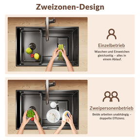 SONNI Küchenspüle Waschbecken Edelstahl 304, Nanosilber/Diamantschwarz, 70x44 cm, Einbauspüle mit 1 Becken, Unterbauspüle mit Abtropfkorb und Rechteckigem Abfallsieb - Sonni Sanitär GmbH