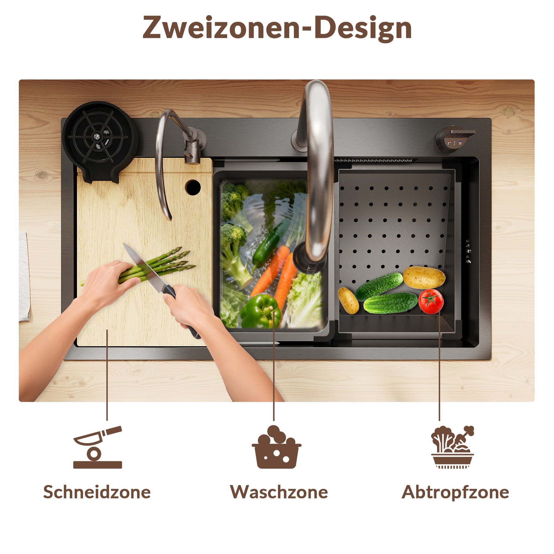 SONNI Spülbecken Einbauspüle Küchenspüle Waschbecken 304 SUS Edelstahl, Schwarz, 75/80×45×26 cm, Unterbauspüle mit 1 Becken, Abtropfkorb, Abfallsieb, Armatur, Schneidebrett, Tassenuntersetzer und Wasserfilterarmatur - Sonni Sanitär GmbH