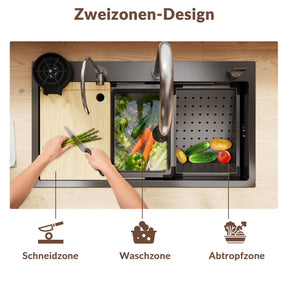 SONNI Spülbecken Einbauspüle Küchenspüle Waschbecken 304 SUS Edelstahl, Schwarz, 75/80×45×26 cm, Unterbauspüle mit 1 Becken, Abtropfkorb, Abfallsieb, Armatur, Schneidebrett, Tassenuntersetzer und Wasserfilterarmatur - Sonni Sanitär GmbH