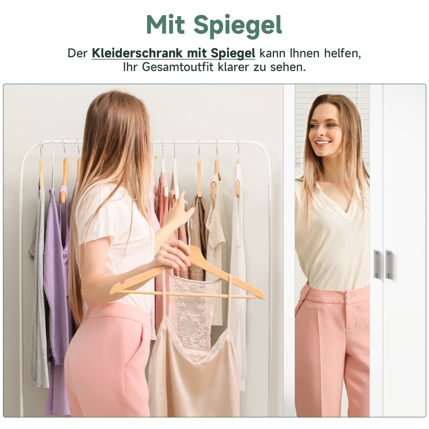 SONNI Modern Kleiderschrank 2-türig mit viel Stauraum, Vielseitiger Drehtürenschrank in Weiß mit Spiegeltür, Kleiner bis mittelgroßer Kleiderschrank