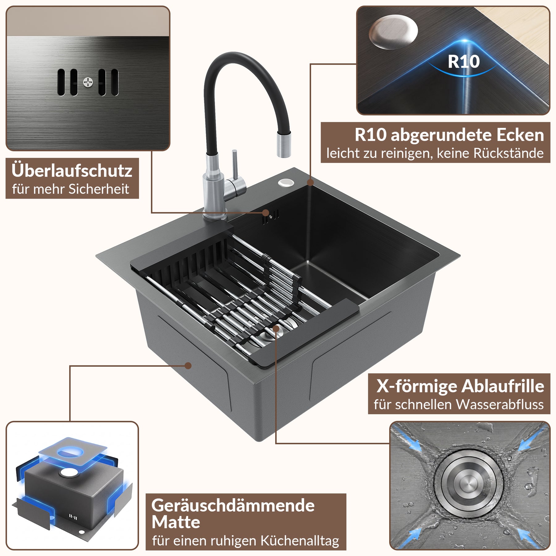 SONNI Küchenspüle Edelstahl mit Armatur Set, Spülbecken Schwarz 50 x 45 cm