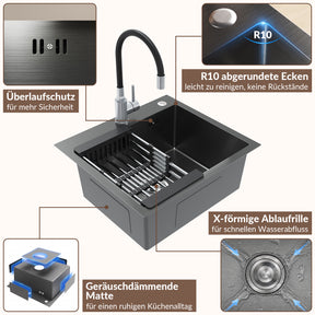 SONNI Küchenspüle Edelstahl mit Armatur Set, Spülbecken Schwarz 50 x 45 cm