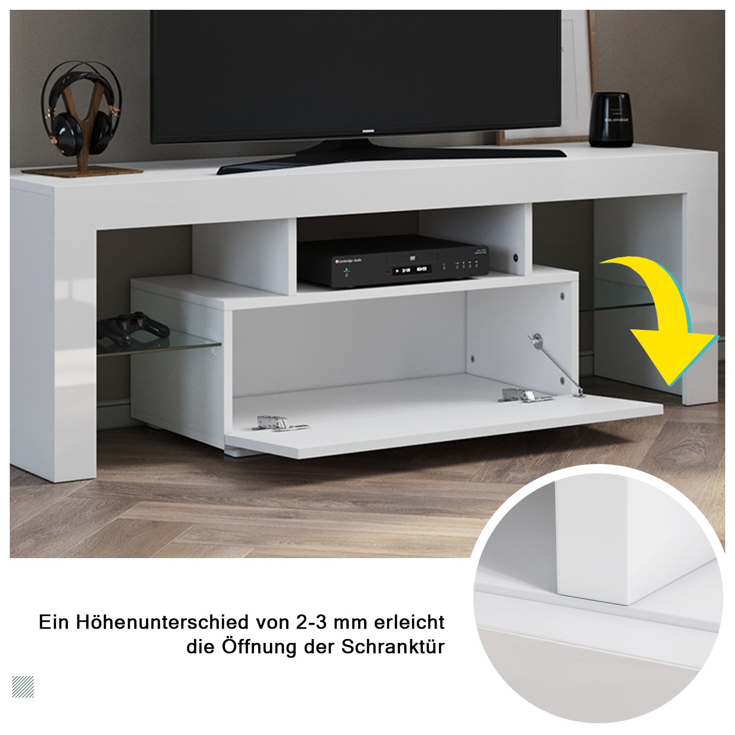 SONNI TV Schrank Weiss, TV Board Hochglanz, mit LED Beleuchtung(12 Farben können eingestellt Werden), mit Klapptür, mit Glasregal, Griffloses Design - Sonni Sanitär GmbH