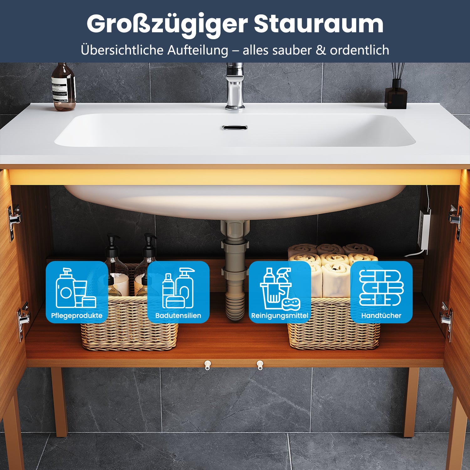 SONNI Badmöbel Set mit Waschbecken, Quarz Kunststein Waschbecken LED Sensorbeleuchtung Push Open Türen 89,4 x 49,5 x 81 cm