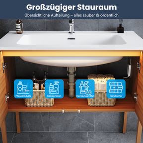 SONNI Badmöbel Set mit Waschbecken, Quarz Kunststein Waschbecken LED Sensorbeleuchtung Push Open Türen 89,4 x 49,5 x 81 cm