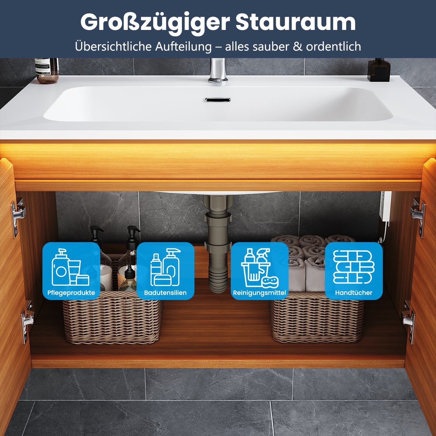SONNI Waschtisch Badmöbel Set mit Quarz Kunststein Waschbecken, LED Sensorbeleuchtung Push Open Türen 79 x 49,5 x 45 cm
