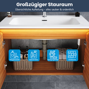 SONNI Waschtisch Badmöbel Set mit Quarz Kunststein Waschbecken, LED Sensorbeleuchtung Push Open Türen 79 x 49,5 x 45 cm