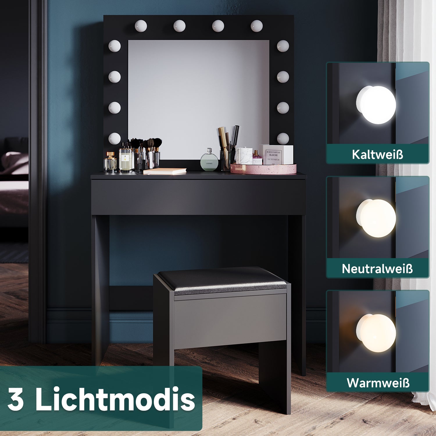 SONNI Schminktisch mit Hocker Spiegel, Kosmetiktisch mit Schubladen für Schlafzimmer, Frisiertisch Schreibtisch aus MDF und Massivholz, Kinderleichte Montage