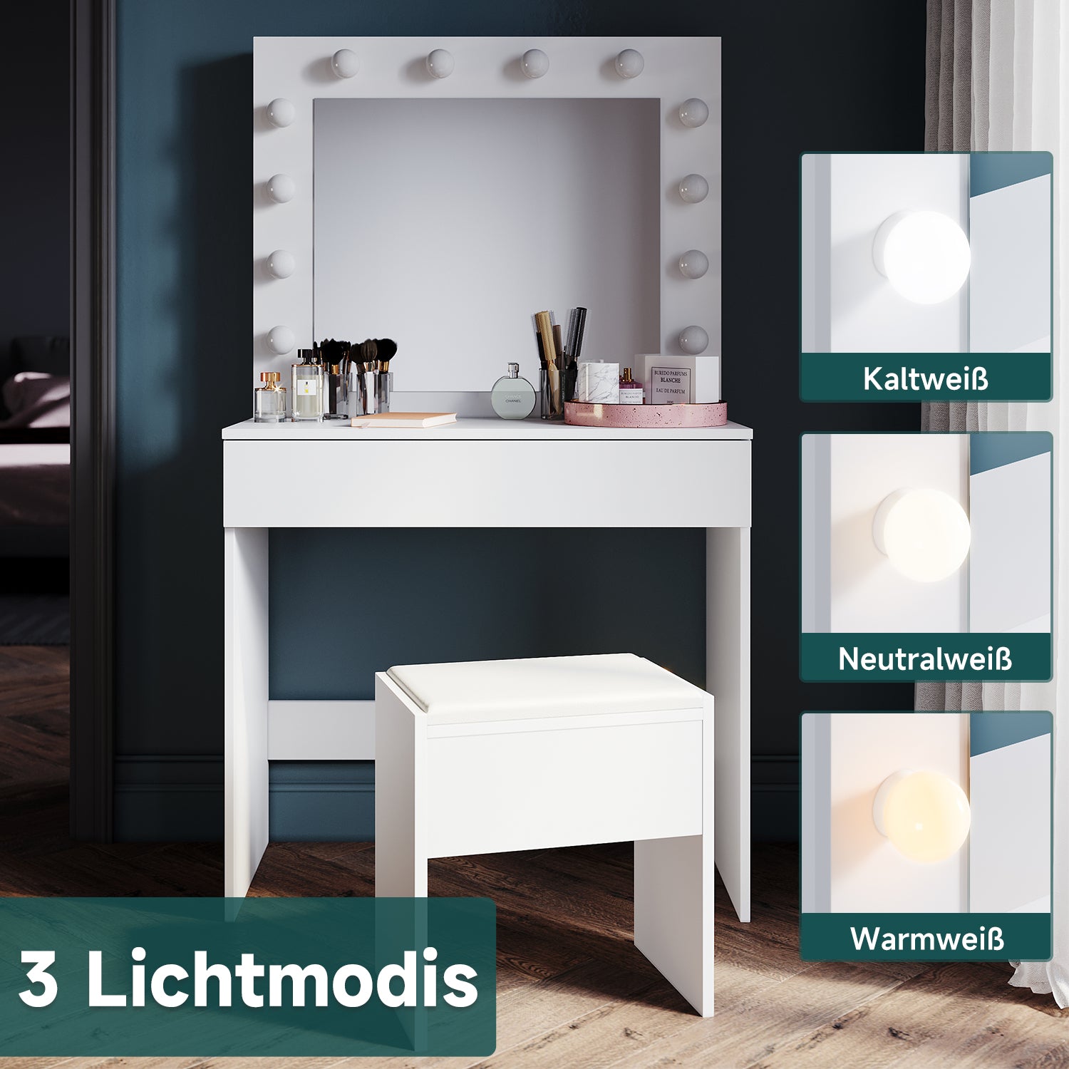 SONNI Schminktisch mit Hocker Spiegel, Kosmetiktisch mit Schubladen für Schlafzimmer, Frisiertisch Schreibtisch aus MFC und Massivholz, Kinderleichte Montage, Weiß