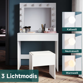SONNI Schminktisch mit Hocker Spiegel, Kosmetiktisch mit Schubladen für Schlafzimmer, Frisiertisch Schreibtisch aus MFC und Massivholz, Kinderleichte Montage, Weiß