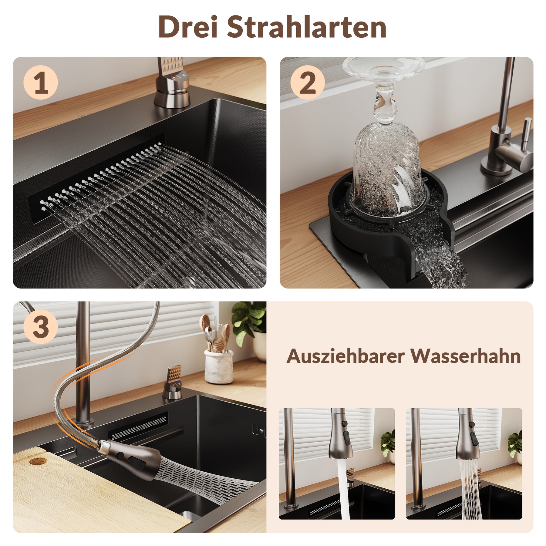 SONNI Spülbecken Einbauspüle Küchenspüle Waschbecken 304 SUS Edelstahl, Schwarz, 75/80×45×26 cm, Unterbauspüle mit 1 Becken, Abtropfkorb, Abfallsieb, Armatur, Schneidebrett, Tassenuntersetzer und Wasserfilterarmatur - Sonni Sanitär GmbH